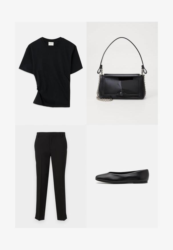 T-shirt noir en coton doux, doté d'un col rond, de manches courtes et d'un design légèrement torsadé pour une coupe décontractée.; Pantalons noirs ajustés en tissu lisse, avec une coupe droite, des passants de ceinture et des poches latérales. Aucune motif ou matériel visible.; Paul Smith TOPANGA - Ballerines - black; Sac à main en cuir verni noir de forme rectangulaire, avec une chaîne en bandoulière et un accent matériel distinctif au centre. Texture lisse.