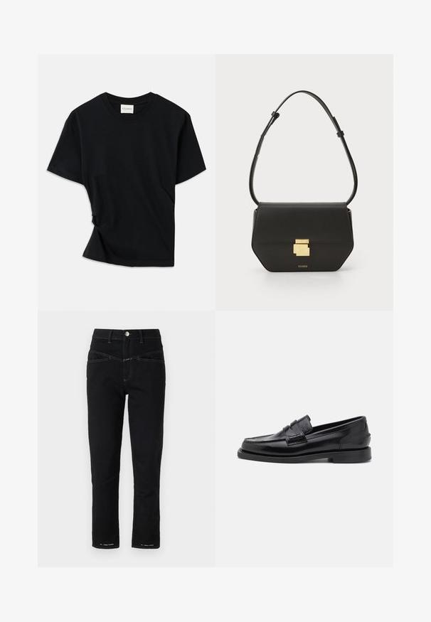 Juodas marškinėlis, pagamintas iš minkštos medvilnės, su apvalia iškirpte, trumpomis rankovėmis ir šiek tiek sukurtu dizainu, užtikrinančiu laisvą prigludimą.; Juodi džinsai išdenimo, turintys prigludusią siluetą, kontrastingą siuvinėjimą, standartinį penkių kišenių dizainą ir logotipo detalizavimą ant apvado.; CLOSED LOAFER - Įmautiniai batai - black; CLOSED CLOSED ONE - Rankinė per petį - black