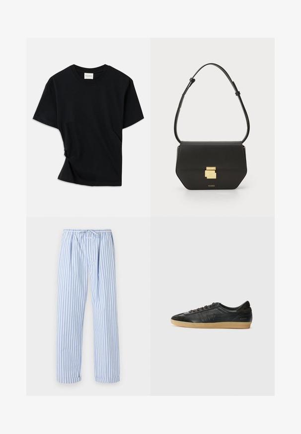 Črno majico iz mehkega bombaža odlikuje okrogla izreza, kratki rokavi in nekoliko zvit dizajn za sproščen fit.; Svetlo modri in beli prugasti pižama hlače z vrvico v pasu, ki imajo sproščen kroj in zavite robove. Narejene so iz mehkega lahkega materiala.; Črne usnjene tene s semiš dodatki, okrogla konica, gumijast podplat, ravne vezalke in šivanje. Ima logo blagovne znamke na peti.; CLOSED CLOSED ONE - Torba čez telo - black