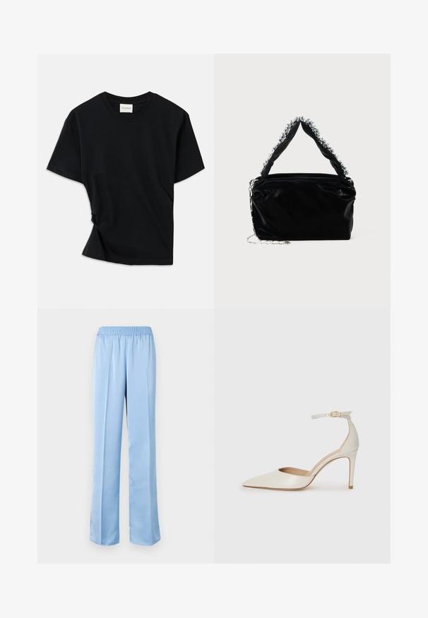 Must musta pehmeast puuvillast, millel on ümar kaelus, lühikesed varrukad ja kergelt keeratud disain, et tagada mugav istuvus.; Heledad sinine, laiade jalgadega püksid, millel on elastne talje. Sile tekstuur, lihtne disain ja kergelt laienev äär koos külgsisselõigetega all.; Valgete nahast kõrge kontsaga kingad, terava varbaga, ankle strapiga ja kitsaste stiletto kontsadega. Sile tekstuur koos peene läikega.; Must mustrepp nahkakäekott, millel on tekstuuriga viimistlus, esitades pehme hõbedase aktsendi pealt käepideme juures ja kettainet.