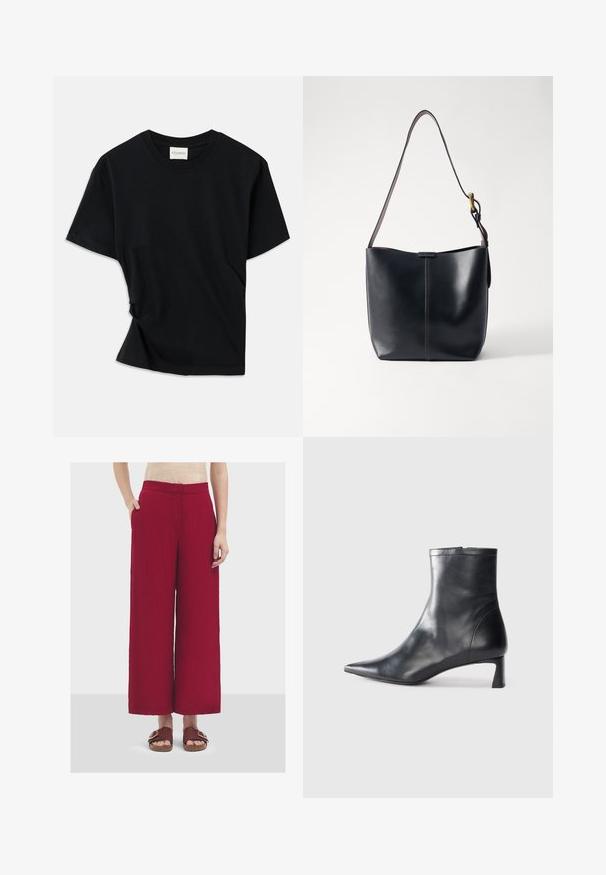 Schwarzes T-Shirt aus weicher Baumwolle mit Rundhalsausschnitt, kurzen Ärmeln und einem leicht gedrehten Design für eine lockere Passform.; Weite Hosen aus einem strukturierten dunkelroten Stoff. Mit Seitentaschen und einem gesteppten Bund. Kombiniert mit braunen Sandalen.; Schwarze Lederstiefelette mit spitzer Zehe und schlankem Design. Verfügt über einen niedrigen Absatz und einen Reißverschluss hinten. Glatte Textur.; Schwarze Leder-Schultertasche mit glatter Oberfläche, ausgestattet mit einem dünnen, langen Tragegurt und einem dezenten genähten Detail in der Mitte.