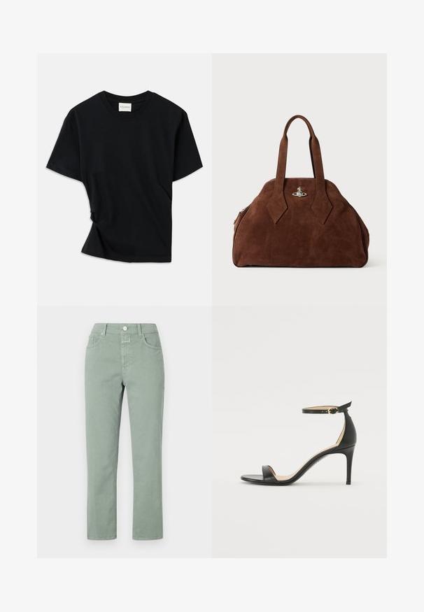 Camiseta negra hecha de algodón suave, con cuello redondo, mangas cortas y un diseño ligeramente retorcido para un ajuste relajado.; Pantalones de algodón verde claro con un corte recto, que incluyen bolsillos frontales, cierre de botón y detalles de costura sutiles.; Sándalo de tacón alto de piel negra con tiras en el tobillo. Presenta una textura suave, puntera abierta y un tacón delgado. Detalles de hebilla en tono dorado.; Bolso de ante marrón con una forma estructurada, cuerpo redondeado y asas alargadas en forma de diamante. Presenta un cierre de hardware plateado.