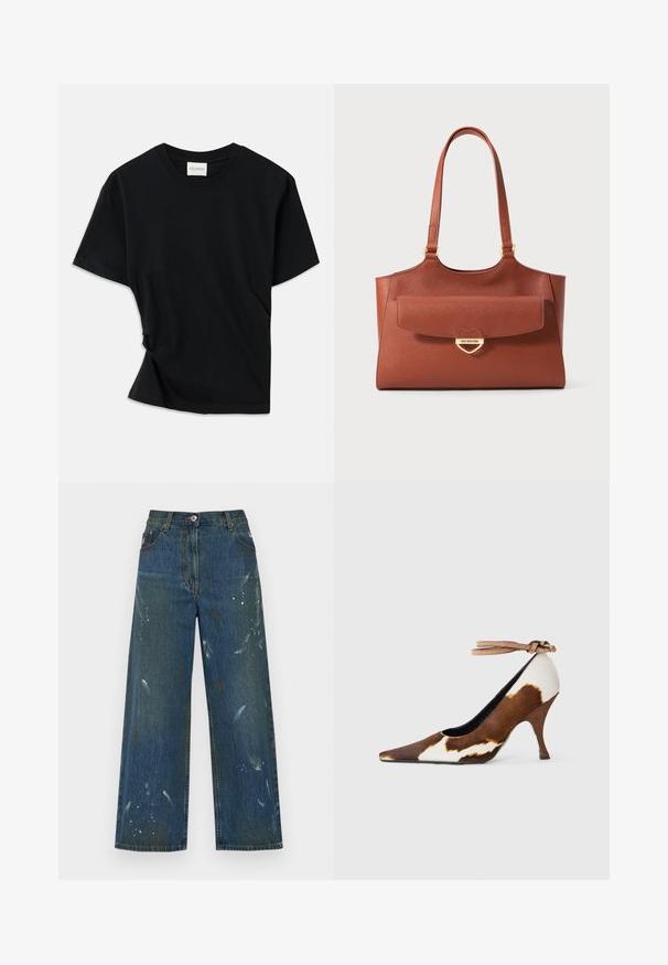 Must musta pehmeast puuvillast, millel on ümar kaelus, lühikesed varrukad ja kergelt keeratud disain, et tagada mugav istuvus.; Tumedast denimist laiad püksid, mis on kaunistatud värviplekkide detailidega. Klassikaline viie taskuga disain ja nööpkinnitus vööosas.; Pruun ja valge lehmamustriga kõrge kontsaga king, terava varbaga, tekstureeritud pinnaga ja pahkluuringiga, millel on helepruun pandla.; Pruun nahast kott pikade sangadega, esiküljel klapiga tasku ning kuldsest südamekujulist pandlat, millel on graveering "Love Moschino."