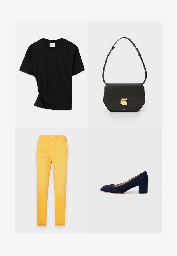 Černé tričko vyrobené z měkké bavlny, s klasickým kulatým výstřihem, krátkými rukávy a mírně zkrouceným designem pro pohodlný střih.; Žluté džíny z denimu s přiléhavým střihem, pěti kapsami a knoflíkovým uzavřením. Hladká textura s švy zvýrazněnými podél švů.; Námořnicky modré semišové lodičky s špičatou špičkou a středně vysokým blokovým podpatkem. Hladká textura s jemným leskem a malým výřezem na přední části.; CLOSED CLOSED ONE - Taška s příčným popruhem - black