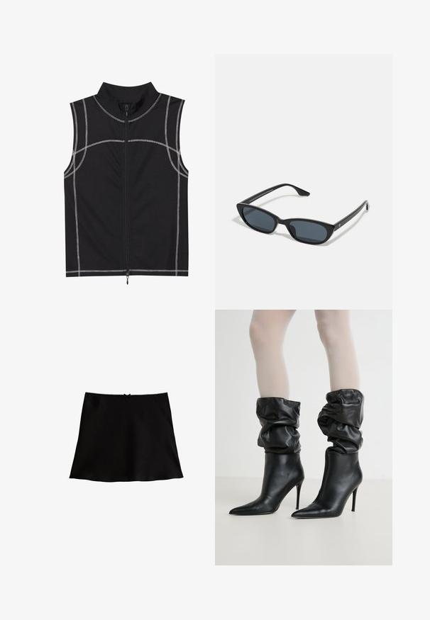 Zwarte mouwloze vest gemaakt van een gladde stof, met zilveren stiksels en een rits aan de voorkant, ontworpen met een hoge kraag.; Zwarte slipdress met een soepele textuur, voorzien van een decoratieve kanten rand langs de tailleband en een klein strikje in het midden.; Zwarte leren enkellaarsjes met een slouchy ontwerp, spitse neus en hoge stilettohak, met een zachte, textuur afgewerkte rand om de enkels.; Zwarte cat-eye zonnebril met donkere lenzen, kunststof frame, slanke pootjes en subtiele branding op de binnenkant van de poot. Mat afgewerkte textuur.