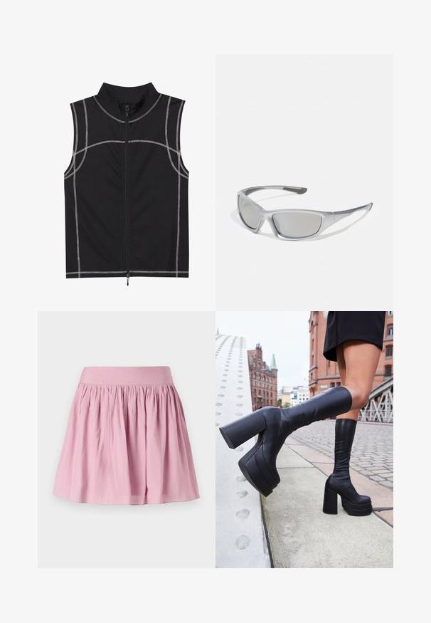 Zwarte mouwloze vest gemaakt van een gladde stof, met zilveren stiksels en een rits aan de voorkant, ontworpen met een hoge kraag.; Lichtroze, uitlopende rok met een elastische tailleband en geplooide stof, met een gladde textuur en een lengte tot de knie. Geen patronen of accenten.; Zwarte kniehoge platformlaarzen van glad leder, met dikke vierkante hakken en een slank ontwerp, tegen een stadsachtergrond.; Grijze zonnebril met een slank, lichtgewicht kunststof montuur. Beschikt over getinte grijze lenzen en textuuraccenten aan de zijkanten voor extra grip.