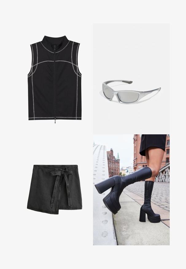 Schwarze ärmellose Weste aus einem glatten Stoff, mit silberner Nahtdetails und einem Reißverschluss vorne, entworfen mit einem hohen Kragen.; Schwarzer Denim-Wickelrock mit einem Bindegürtel, asymmetrischem Saum und glatter Textur. Verfügt über Steppdetails entlang der Kanten.; Schwarze knöchelhohe Plateaustiefel aus glattem Leder, mit dicken quadratischen Absätzen und einem eleganten Design, vor einer Stadtkulisse.; Graue Sonnenbrille mit einem eleganten, leichten Kunststoffrahmen. Verfügt über getönte graue Gläser und strukturierte Seitenelemente für zusätzlichen Halt.
