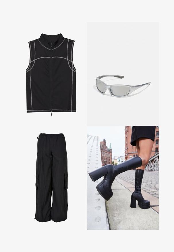 Černá bezrukávová vesta vyrobená z hladké tkaniny, se stříbrným švem a předním zipem, navržená s vysokým límcem.; Černé cargo kalhoty s elastickým pasem, volným střihem, lehkým materiálem, bočními kapsami a jemnou texturovanou úpravou.; Černé vysoké platformové boty z hladké kůže, se silnými čtvercovými podpatky a elegantním designem, na pozadí městského prostředí.; Šedé sluneční brýle s elegantním, lehkým plastovým rámem. Mají tónované šedé čočky a texturované boční detaily pro lepší úchop.