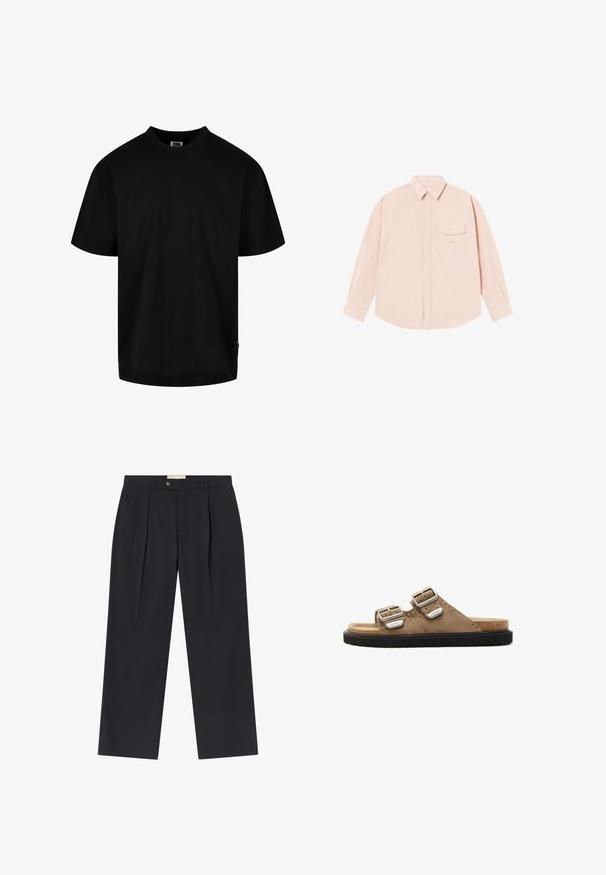 Juodas medvilnės marškinėlis, su apvaliu iškirpimu ir trumpomis rankovėmis, laisvas. Paprastas dizainas, be raštų ar grafikų.; Šviesiai rožinė ilgomis rankovėmis marškinėliai, pagaminti iš minkštos medžiagos, su mygtukų apykakle, priekinėmis kišenėmis ir subtiliu siuvinėtiniu logotipu ant krūtinės.; Tinkamai pritaikyti tamsiai mėlyni kelnes su aukštu liemeniu, dviem priekinėmis klostėmis, mygtukų uždarymu ir tiesiomis kojomis iš lygios medžiagos.; Rudas zomšos šlepetes su dviem reguliuojamais sidabro spalvos sagtimis, juoda tekstūruota padais ir perforuotomis detalėmis viršutinėje dalyje.