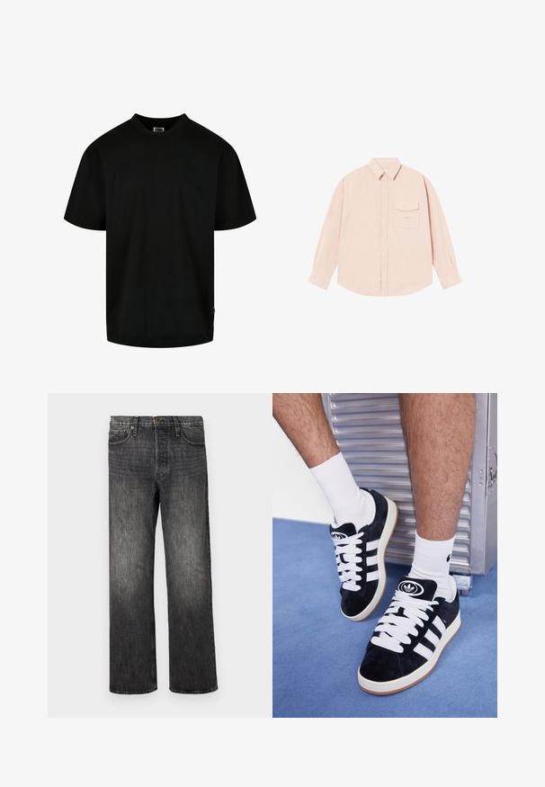 Czarna koszulka z bawełny, z okrągłym dekoltem i krótkimi rękawami, w luźnym kroju. Prosty design, bez wzorów ani grafik.; Jasnoróżowa koszula z długim rękawem, wykonana z miękkiego materiału, z kołnierzykiem zapinanym na guziki, przednią kieszenią i subtelnym haftowanym logo na klatce piersiowej.; Ciemnoszare dżinsy w prostym kroju, pięć kieszeni, metalowe zapięcie na guzik i subtelne przetarcia. Czysty design bez widocznych wzorów.; Czarne zamszowe sneakersy z białymi sznurówkami i trzema białymi paskami. Posiadają okrągłe czarne logo na języku i gumową podeszwę.