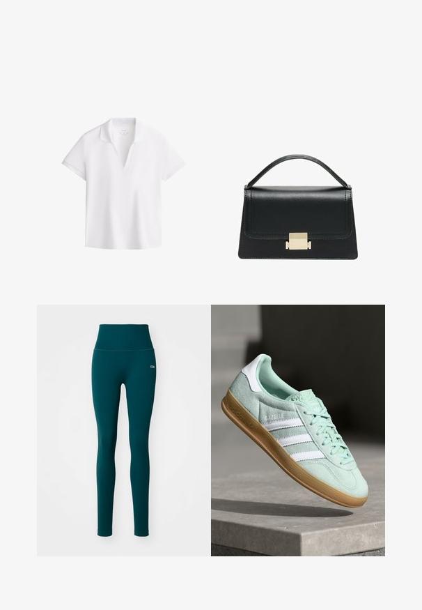 Weißes Polohemd mit kurzen Ärmeln und offenem V-Ausschnitt, aus glattem Stoff, auf einem weißen Hintergrund präsentiert.; Teal hoch geschnittene Leggings aus geripptem Stoff. Hat eine glatte Textur und ein kleines Logo an der linken Hüfte. Keine Muster oder Verzierungen.; Adidas Gazelle Sneaker aus mintgrünem Wildleder mit weißen Akzenten, Schnürverschluss und einer Sohle aus Gummi. Mit drei weißen Streifen.; Schwarze Lederhandtasche mit strukturiertem Design, oberem Griff und einem goldenen Metallschnappverschluss auf der Vorderseite. Glatte Textur, minimale Nähte.