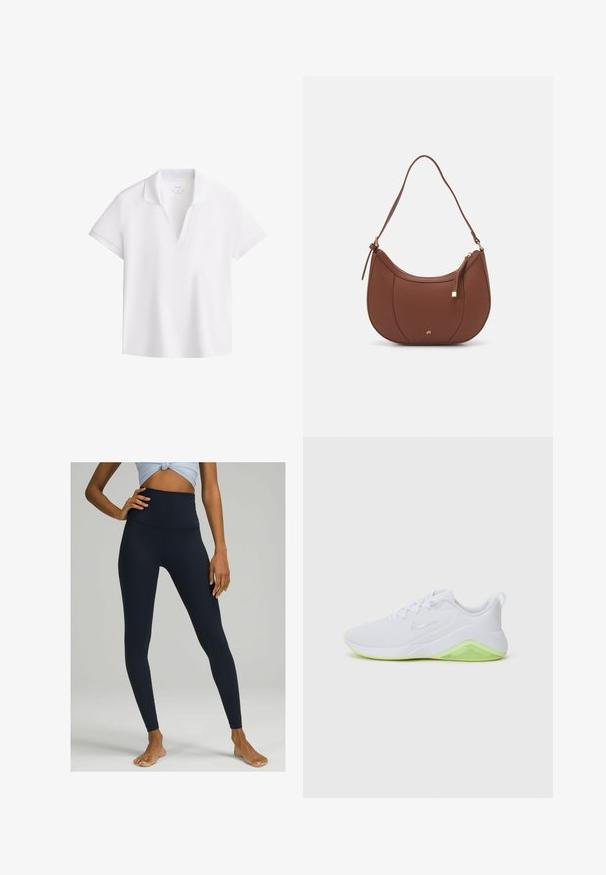 Witte polo met korte mouwen en een open V-hals, gemaakt van een gladde stof, weergegeven op een witte achtergrond.; Hoge taille marineblauwe leggings van rekbare stof. Stijlvol ontwerp met een gladde textuur en een aansluitende pasvorm, die tot de enkel reikt.; Witte sportieve schoen met een bovenwerk van mesh, zilveren logo en een levendige groene accent op de hak. Voorzien van een gevoerde zool voor comfort.; Bruine faux leren schoudertas met een gebogen vorm, minimale stiksels en een gouden hardware-accent. Voorzien van een bovenste ritsluiting en een verstelbare schouderband.