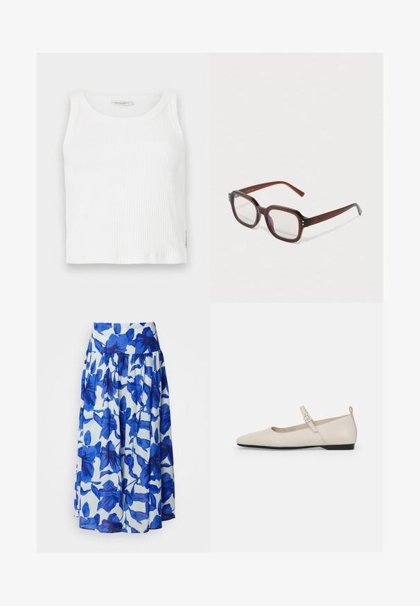 Débardeur blanc à côtes avec un col rond et sans manches, doté d'une coupe droite et d'une petite étiquette de marque sur le côté.; Jupe évasée en tissu léger avec un motif floral bleu sur fond blanc, dotée d'une taille haute et d'un détail froncé.; Ballerines blanches en cuir avec un bout pointu, une boucle sur le côté et un petit talon noir. Texture lisse et design minimaliste.; Lunettes rectangulaires translucides marron avec des verres transparents, une légère réflexion violette et de petits points décoratifs dorés aux coins avant.