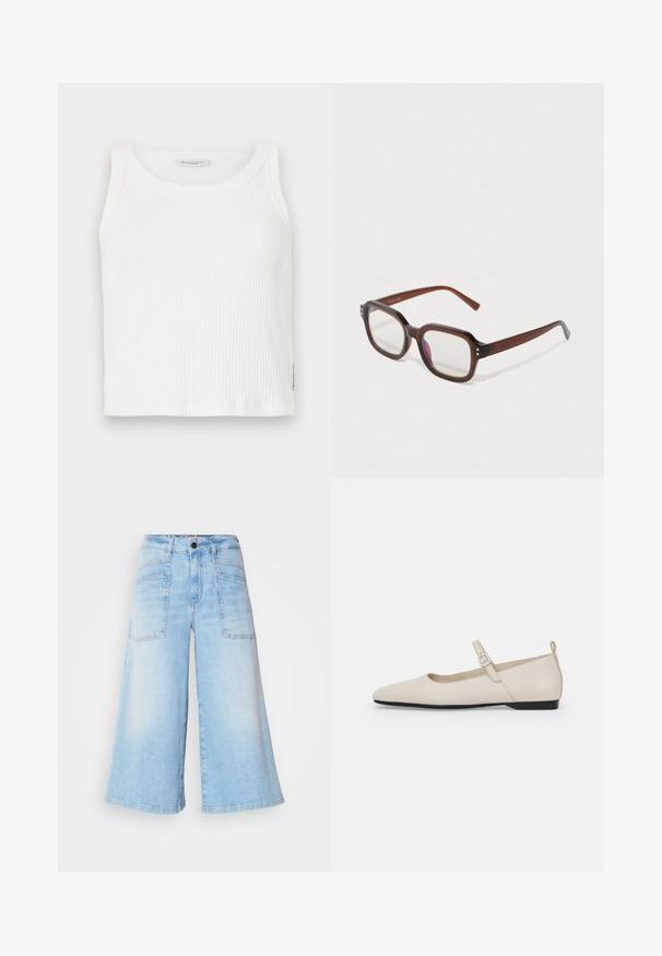 Valkoinen ribbattu tank top, jossa on pyöreä kaula-aukko ja hihaton muotoilu, suora helma ja pieni brändilogo sivussa.; Vaaleansiniset farkkuculotteet, joissa on leveät lahkeet, etu- ja takataskut sekä nappikiinnitys vyötäröllä. Sileä pinta.; Valkoiset nahka-Mary Jane -flatot, joissa on terävä kärki, sivunappi ja matala musta korko. Sujuva rakenne ja minimalismi.; Ruske läpinäkyvät suorakulmaiset silmälasit, joissa on kirkkaat linssit, hieno violetti heijastus ja pienet kultaiset koristepisteet etukulmissa.; Hopea renkaankorvakoru kiiltävällä pinnalla, jossa on pieniä kultaisia yksityiskohtia ja pyöreä muoto, käytetty korvalla.