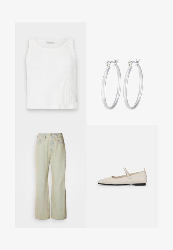 Valge ribaga tank top, millel on ümar kaelus ja ilma varrukateta disain, sirge äärega ja väike brändi silt külje peal.; Heledad sinine laiad teksad, mis on valmistatud denimist, kõrge vöökoht, viis taskut ja kerge kulumine koos kontrastsetest õmblustest rõhutustega.; Valgete nahast Mary Jane lamedate kingade kumerad varbad, külgmine pandla ja madal must konts. Sile tekstuur ja minimalistik disain.; Hõbedased rõngaskõrvarõngad, millel on sile, läikiv viimistlus. Ümmargune kuju ja turvaline klõpsulatus. Kerge disain, sobib igapäevaseks kandmiseks.