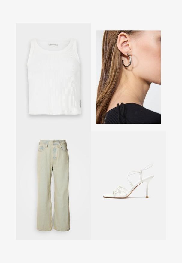 Bílý žebrovaný tílko s kulatým výstřihem a bezrukávovým designem, s rovním lemem a malou nášivkou značky na boku.; Světle modré džínové kalhoty s širokým střihem, vyrobené z denimu, s vysokým pasem, pěti kapsami a jemným vyšisováním s kontrastním prošíváním.; Bílé sandály na vysokém podpatku s tenkým páskem kolem kotníku, plochou špičkou, texturovaným předním dílem s nařasenými detaily.; Stříbrný kruhový náušník s lesklým povrchem, zdobený malými zlatými akcenty, v kulatém tvaru, nošený na lalůčku.