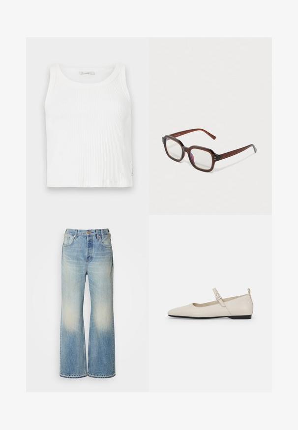 Valkoinen ribbattu tank top, jossa on pyöreä kaula-aukko ja hihaton muotoilu, suora helma ja pieni brändilogo sivussa.; Vaaleansinisiä farkkuja, joissa on leveät lahkeet ja haalistunut efekti. Housuissa on napitus, vyölenkit ja viisi taskua.; Valkoiset nahka-Mary Jane -flatot, joissa on terävä kärki, sivunappi ja matala musta korko. Sujuva rakenne ja minimalismi.; Ruske läpinäkyvät suorakulmaiset silmälasit, joissa on kirkkaat linssit, hieno violetti heijastus ja pienet kultaiset koristepisteet etukulmissa.