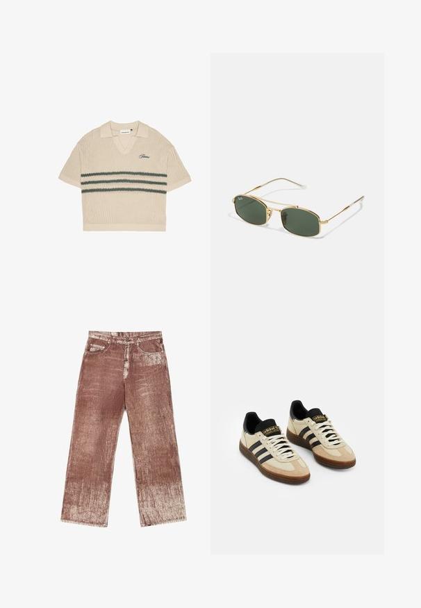 Beige pletená polokošile s výstřihem do V, krátkými rukávy a zelenými pruhy na hrudi. Obsahuje vyšívané logo v modré barvě.; Hnědé denimové džíny mají texturovaný, gradientní design s lehkým vyblednutím. Součástí jsou čtyři kapsy a stříbrné kovové prvky.; Béžové semišové sportovní boty s černými koženými akcenty, bílými šňůrkami a hnědou gumovou podrážkou. Tři černé pruhy na každé straně.; Zlaté sluneční brýle s zelenými skly, vyznačující se ostrým tvarem a štíhlými nohami. Design zahrnuje tenký rám a decentní branding na skle.