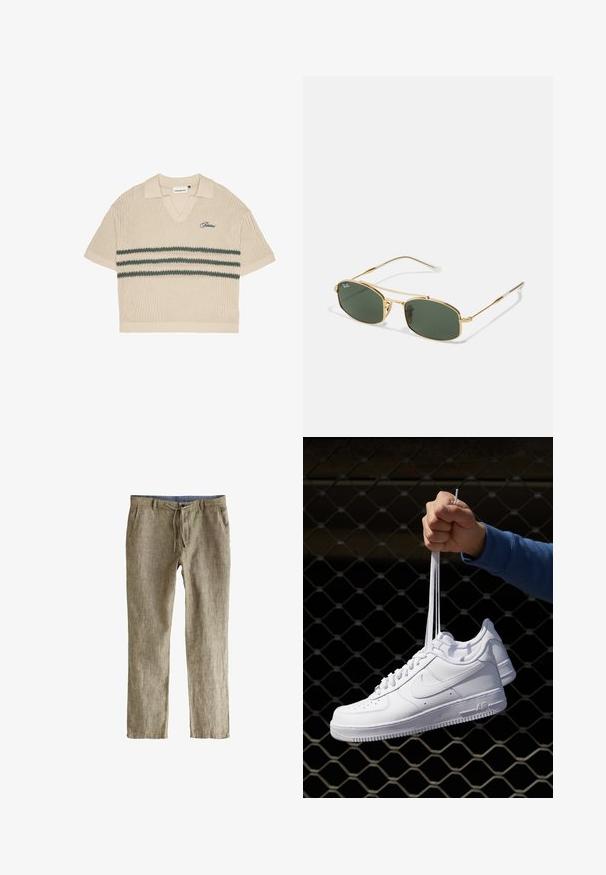 Beige neulottu polo-paita, jossa on V-pääntie, lyhyet hihat ja vihreät raidat rinnassa. Sisältää sinisen kirjailun logon.; Hellebrune bukser i linnedblanding med struktureret finish, der har en snor i taljen og sidelommer. Letvægtsdesign med lige skæring.; Valkoiset nahkasneakersit, joissa on rei'ityksiä, pyöreä kärki, tasapohja ja paksut nauhat, joissa on näkyvä swoosh-logo ja "AIR" kantapäässä.; Kulta metalliset aurinkolasit vihreillä linsseillä, joissa on kulmikas muoto ja hoikat varret. Suunnittelussa on ohut kehys ja huomaamaton brändäys linssissä.