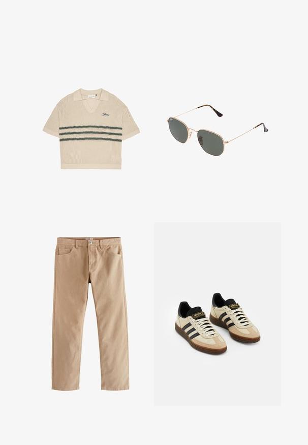 Beige gestricktes Polohemd mit V-Ausschnitt, kurzen Ärmeln und grünen Streifen über der Brust. Mit gesticktem Logo in Blau.; Next Authentic Stretch - Jeans Straight Leg - wheat; Beige Wildleder-Sportschuhe mit schwarzen Lederakzenten, weißen Schnürsenkeln und brauner Gummisohle. Drei schwarze Streifen auf jeder Seite.; Goldfarbene Metallrahmen-Sonnenbrillen mit dunkelgrünen Gläsern im Pilotenstil, mit schlanken Bügeln und Schildpatt-Akzenten an den Spitzen.