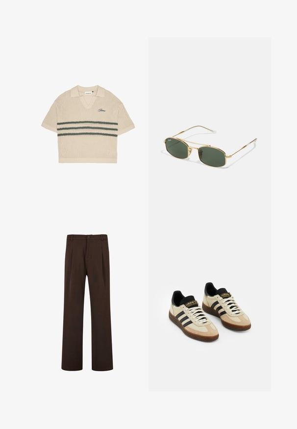 Camisa polo de punto beige con escote en V, mangas cortas y rayas verdes en el pecho. Presenta un logo bordado en azul.; Pantalones marrones de diseño recto, con cierre de botón y pliegues, hechos de una tela suave. Sin bolsillos visibles ni patrones.; Zapatillas deportivas de ante beige con detalles de cuero negro, cordones blancos y suela de goma marrón. Tres rayas negras a cada lado.; Gafas de sol de metal dorado con lentes verdes, con una forma angular y brazos delgados. El diseño incluye un marco delgado y un logo sutil en la lente.