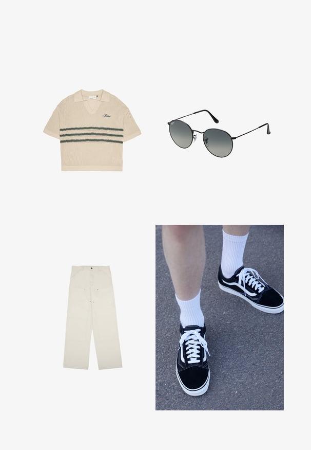Beżowa dzianinowa koszulka polo z dekoltem w kształcie V, krótkimi rękawami i zielonymi paskami na klatce piersiowej. Wyposażona w haftowane logo w kolorze niebieskim.; Jasnobeżowe spodnie typu wide-leg wykonane z bawełny, z przednimi kieszeniami, zapięciem na pojedynczy guzik oraz widocznymi detalami stębnowania.; Czarne zamszowe sneakersy z białymi akcentami i sznurówkami, w połączeniu z białymi prążkowanymi skarpetkami, umieszczone na teksturowanej, szarej powierzchni.; Czarne okulary przeciwsłoneczne typu metalowego z okrągłymi gradientowymi szkłami, z cienkimi zausznikami i przezroczystymi podkładkami na nos dla zapewnienia wygodnego dopasowania.