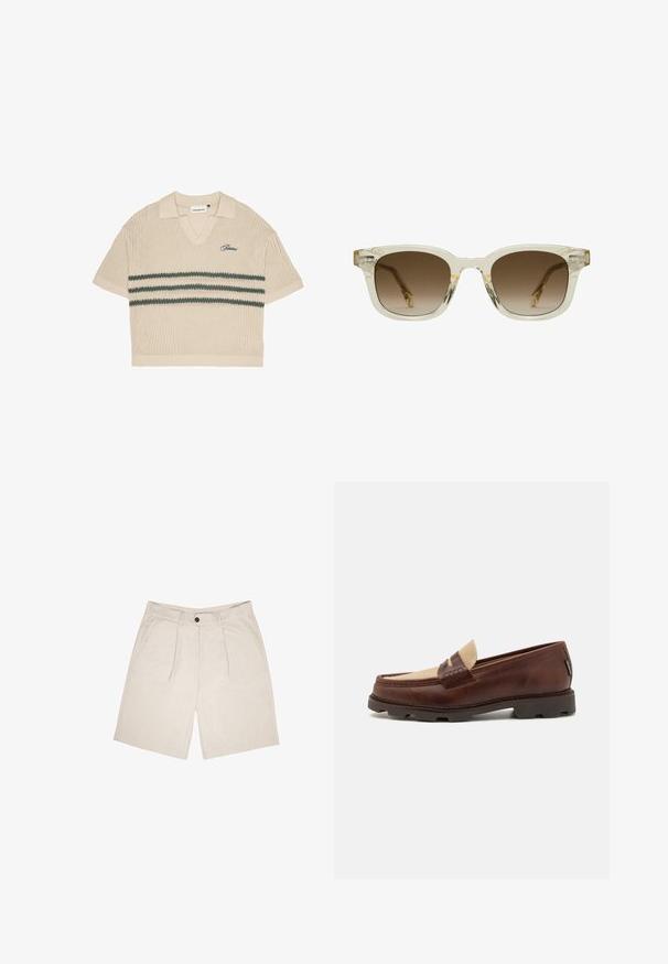 Bézs kötött póló, V-nyakkal, rövid ujjakkal és zöld csíkokkal a mellkason. Kék hímzett logóval rendelkezik.; Puha anyagból készült bézs rövidnadrág, lapos elülső résszel, két pliszével, övhurkokkal és oldalzsebekkel. Egy gombos záródás a deréknál.; Barna bőr loafer cipők taupe vászon díszítéssel, varrott részletekkel és texturált gumi talppal, amely a kényelemről és tartósságról gondoskodik.; CHIMI CHIMI 02 - Napszemüvegek - pale yellow
