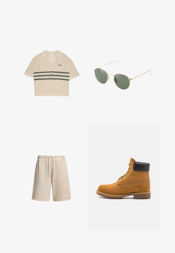Beżowa dzianinowa koszulka polo z dekoltem w kształcie V, krótkimi rękawami i zielonymi paskami na klatce piersiowej. Wyposażona w haftowane logo w kolorze niebieskim.; Beżowe szorty wykonane z mieszanki bawełny z elastycznym pasem w talii i sznurkiem, z dwoma bocznymi kieszeniami i małą naszywką z logo na dolnym brzegu.; Beżowe zamszowe botki sięgające kostki z czarną wyściełaną krawędzią, złotymi oczkami, białymi detalami szycia oraz wytrzymałą gumową podeszwą z wyraźnym bieżnikiem.; Okulary przeciwsłoneczne w złotej metalowej oprawie z zielonymi soczewkami, o okrągłym kształcie, cienkich zausznikach i białych plastikowych akcentach na końcach ramion.