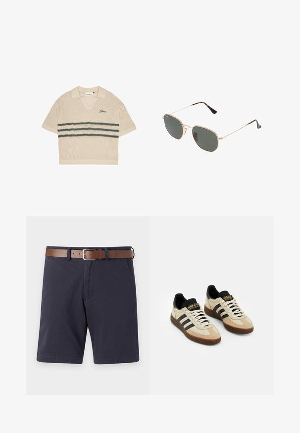 Bēša adīta polo krekls ar V veida kaklu, īsām piedurknēm un zaļām svītrām krūšu daļā. Iezīmēts ar izšūtu logo zilā krāsā.; Tumši zilas kokvilnas šorti ar brūnu ādas jostu. Iespējas ietver divas priekšējās kabatas, taisnu piegriezumu un gludu tekstūru.; Bežīgas zamša sporta kurpes ar melniem ādas akcentiem, baltām šņorēm un brūnu gumijas zoli. Katras puses trīs melnas svītras.; Zelta metāla rāmis saulesbrilles ar tumši zaļiem stikliem, aviator stils, ar šaurām kājām un bruņu akcentiem uz galiem.