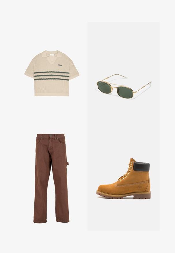 Bežinis mezginys polo marškinėliai su V formos iškirpte, trumpomis rankovėmis ir žaliais dryžiais per krūtinę. Yra mėlynai siuvinėtas logotipas.; Rudos krovinių kelnės pagamintos iš tvirto audinio, su tiesiomis kojomis, priekinėmis kišenėmis ir šonine kišenė su dangteliu.; Tan spalvą turintys suknelės batus iki kulkšnies su juodu paminkštintu apvadu, auksiniais metaliniais akių užsegimais, baltais siūlų dekoratyviniais elementais ir tvirtu guminiu padu su ryškiai išreikštais raštais.; Aukso spalvos metaliniai akiniai su žaliais lęšiais, turintys kampuotą formą ir plonas kojeles. Dizainas apima ploną rėmą ir subtilų ženklinimą ant lęšių.