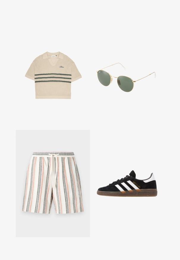 Polo en tricot beige avec un col en V, des manches courtes et des rayures vertes sur la poitrine. Présente un logo brodé en bleu.; Shorts rayés en tissu léger, avec des rayures verticales blanches, roses, grises et noires, dotés d'une taille élastique et d'un cordon de serrage.; Baskets Adidas noires avec rayures blanches, inscription dorée "Spezial", semelle en gomme et languette blanche au talon, présentées en vue de profil.; Lunettes de soleil avec monture en métal doré, verres verts, forme ronde, branches fines et accents en plastique blanc aux extrémités des branches.