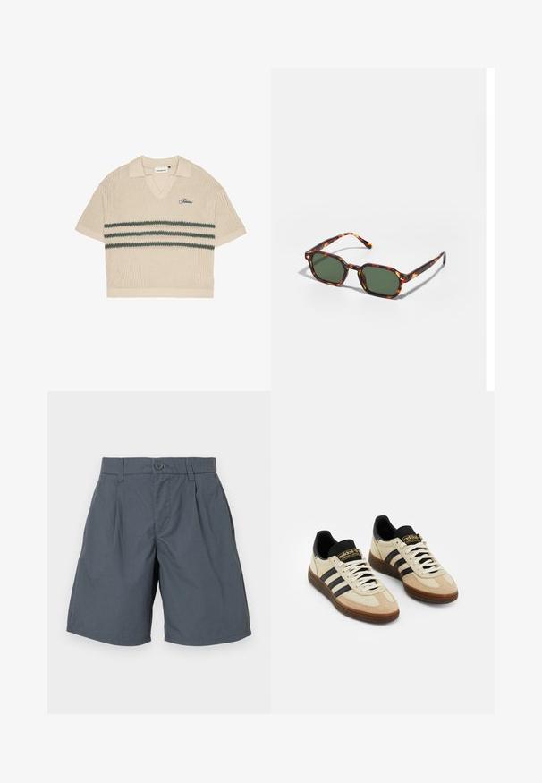 Bež villane polo-särk V-kaelusega, lühikeste varrukatega ja roheliste triipudega rinnas. Omab sinist põimitud logo.; Hõbedased lühikesed püksid, mis on valmistatud kergest kangast, esiküljel nööbiga sulgemine, kaks külgtaskut ja sirge lõikega disain.; Bež nahkkingi spordijalatsid mustade nahkaaktsentidega, valged paelad ja pruuni kummist välispind. Igal küljel kolm musta triipu.; Kilpkonnakuju prillid roheliste läätsega, millel on kaheksanurkne kuju ja kitsad, kaarduvad varred. Materjalil on läikiv viimistlus.