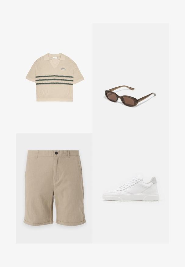 Béžová pletená polo košeľa s výstrihom do V, krátkymi rukávmi a zelenými pruhmi cez hruď. Obsahuje vyšívané logo v modrej farbe.; Béžové ľanové šortky s uzatváraním na gombík, rovný predný diel, bočné vrecká a prehnuté lemy, vyrobené z textúrovanej látky pre lepšiu priedušnosť.; Biele kožené tenisky s hladkým povrchom, zaoblenou špičkou, plochými šnúrkami a textúrovanou podrážkou. Sivý semišový akcent na päte.; Hnedé oválne slnečné okuliare s tmavými sklami. Rám je vyrobený z priesvitného hnedého materiálu a na spánkoch má vytlačené logo.
