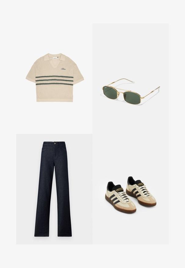 Beige gebreide polo met V-hals, korte mouwen en groene strepen over de borst. Kenmerkt zich door een geborduurd logo in het blauw.; Donkerdenim hoge taille jeans met wijde benen, voorzien van vijf zakken, een knoopsluiting en contrasterende stiksels. Glad oppervlak zonder patronen.; Beige suède sportschoenen met zwarte leren accenten, witte veters en een bruine rubberen zool. Drie zwarte strepen aan elke kant.; Gouden metalen zonnebril met groene lenzen, met een hoekige vorm en slanke armen. Het ontwerp heeft een dunne rand en subtiele branding op de lens.