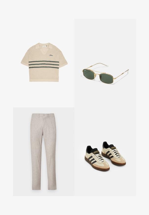 Beige gestricktes Polohemd mit V-Ausschnitt, kurzen Ärmeln und grünen Streifen über der Brust. Mit gesticktem Logo in Blau.; Beige Leinenhosen mit geradem Schnitt, ausgestattet mit einem Knopfverschluss, Fronttaschen und ohne sichtbare Muster oder Verzierungen.; Beige Wildleder-Sportschuhe mit schwarzen Lederakzenten, weißen Schnürsenkeln und brauner Gummisohle. Drei schwarze Streifen auf jeder Seite.; Goldene Metallsonnenbrille mit grünen Gläsern, die eine kantige Form und schlanke Bügel aufweist. Das Design umfasst ein dünnes Gestell und dezente Markierung auf dem Glas.