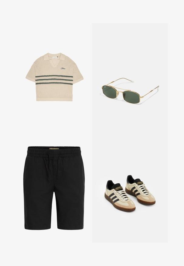 Béžová pletená polo košeľa s výstrihom do V, krátkymi rukávmi a zelenými pruhmi cez hruď. Obsahuje vyšívané logo v modrej farbe.; Čierne šortky vyrobené z ľahkej tkaniny, s elastickým pásom na šnúrku a bočnými vreckami pre pohodlie.; Béžové semišové športové topánky s čiernymi koženými akcentmi, bielymi šnúrkami a hnedou gumovou podrážkou. Na každej strane sú tri čierne pruhy.; Zlaté slnečné okuliare s zelenými sklami, ktoré majú ostrý tvar a štíhle rámčeky. Dizajn zahŕňa tenký rám a decentné logo na sklách.