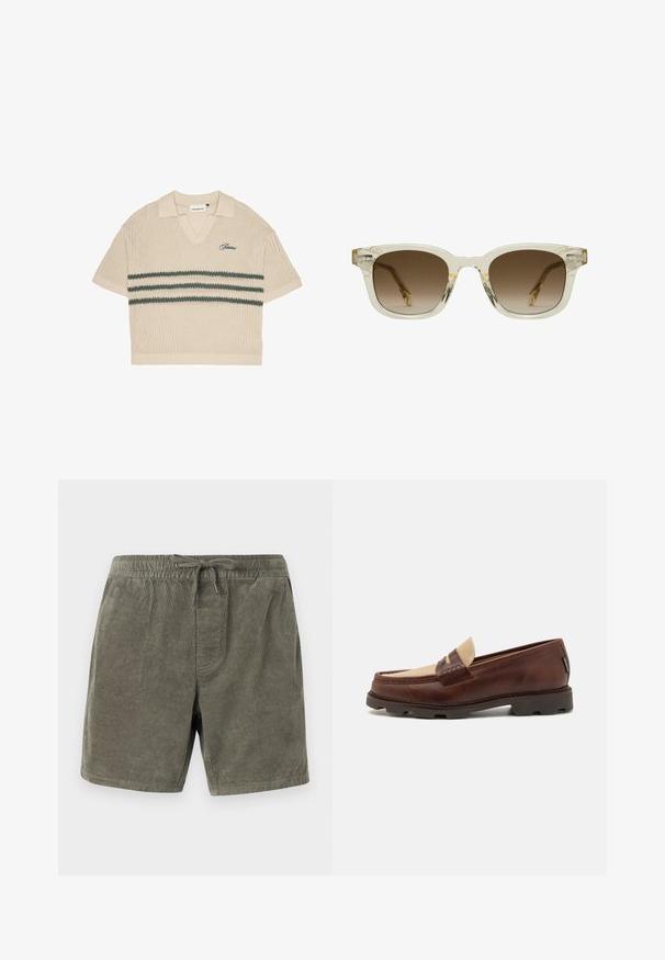 Beige gestricktes Polohemd mit V-Ausschnitt, kurzen Ärmeln und grünen Streifen über der Brust. Mit gesticktem Logo in Blau.; Olivgrüne Corduroy-Shorts mit einem elastischen Bund und Kordelzug, strukturierten senkrechten Rippungen und Seitentaschen.; Braune Lederloafer mit einem taupefarbenen Canvas-Akzent, genähten Details und einer strukturierten Gummisohle, die für Komfort und Langlebigkeit ausgelegt ist.; CHIMI CHIMI 02 - Sonnenbrille - pale yellow