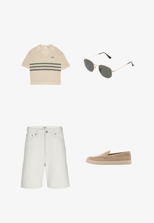 Polo en tricot beige avec un col en V, des manches courtes et des rayures vertes sur la poitrine. Présente un logo brodé en bleu.; Shorts en denim blanc à coupe droite, avec fermeture éclair, cinq poches et quincaillerie en métal pour la fermeture et les accents.; Chaussure en daim beige à enfiler avec un bout rond et des détails cousus. Semelle en caoutchouc de couleur claire avec un design de profil bas.; Lunettes de soleil en métal doré avec des verres vert foncé, de style aviateur, dotées de branches fines et d'accents en écaille de tortue sur les embouts.
