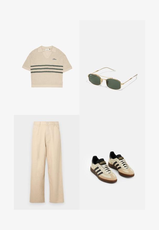 Beige strikket polo t-shirt med V-hals, korte ærmer og grønne striber på tværs af brystet. Har broderet logo i blå.; Beige bredde benbukser lavet af denim med en tekstureret finish, der har en frontlukning med knap og klassisk femlomme-design.; Beige ruskinds atletik sko med sorte læderdetaljer, hvide snørebånd og brun gummisål. Tre sorte striber på hver side.; Guld metal solbriller med grønne linser, der har en kantet form og slanke stænger. Designet omfatter en tynd ramme og diskret branding på linsen.
