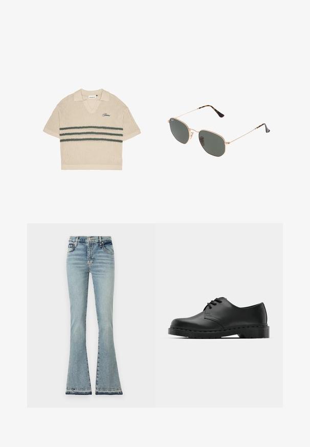 Bežna pletena polo majica z V-izrezom, kratkimi rokavi in zelenimi črtami čez prsi. Ima izšito modro logotip.; Razširjene svetlo modre kavbojk z visokim pasom, jasno definirane šive in strgan rob. Material se zdi mehak s klasičnim oblikovanjem petih žepov.; Črne usnjene oksford čevlje z vezalkami, zaobljenim prstom, ravnim gumijastim podplatom in diskretnim šivanjem po zgornjem delu.; Sončna očala z zlatim kovinskim okvirjem in temno zelenimi lečami, aviatorskega sloga, z vitekimi ročaji in želvovim vzorcem na konicah.