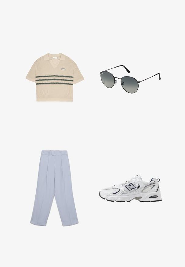 Polo shirt beige lavorato a maglia con scollatura a V, maniche corte e righe verdi sul petto. Presenta un logo ricamato in blu.; Pantaloni plissettati azzurri chiari con vita alta, caratterizzati da un design a gamba dritta e orli risvoltati. Realizzati in tessuto morbido e leggero.; Scarpa sportiva bianca con tomaia in mesh, dettagli in blu marino e suola imbottita. Presenta il logo "N", lacci e dettaglio texturizzato sul lato.; Occhiali da sole in metallo nero con lenti tonde sfumate, dotati di stanghette sottili e naselli trasparenti per un comfort ottimale.