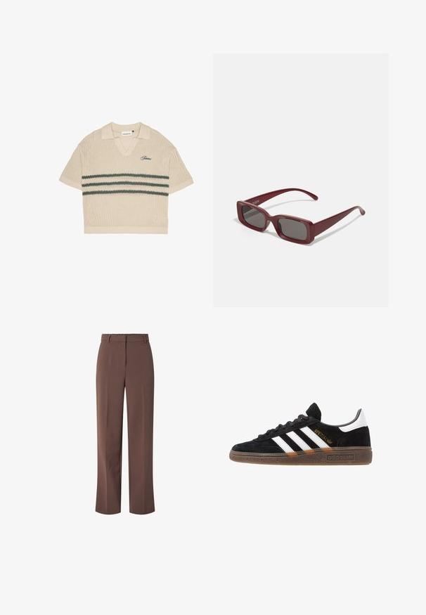 Bežna pletena polo majica z V-izrezom, kratkimi rokavi in zelenimi črtami čez prsi. Ima izšito modro logotip.; Rjave hlače z visokim pasom, skrojene s pasom in sprednjim zadrgo, z ravnim krojem.; Črne Adidas superge z belimi črtami, zlatim napisom "Spezial", gumo podplatom in belim petnim delom, prikazane v stranskem pogledu.; Burgundske pravokotne sončne očala s temnimi lečami, debelimi okvirji in zoženimi smernimi ročicami. Narejena iz sijoče plastike z gladko teksturo.