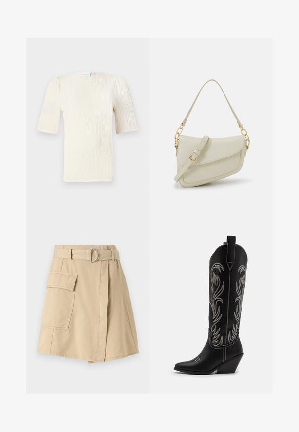 Bluzka z krótkim rękawem w kolorze kremowym, z teksturowanym wzorem fal. Okrągły dekolt i subtelne marszczenia przy rękawach. Lekka tkanina.; Beżowa bawełniana spódnica z boczną kieszenią, talią ze paskiem zakończonym srebrnym pierścieniem oraz lekko trapezowym kształtem. Gładka tekstura i prosty design.; Czarne skórzane kowbojskie buty z wydłużonymi noskami, obcasem typu koturn oraz srebrnymi haftowanymi wzorami kwiatowymi wzdłuż cholewy. Kontrastowe szwy na całej długości.; Mała torebka w kolorze kremowym z teksturowanym wykończeniem, długim regulowanym paskiem, akcentem z łańcucha oraz zapięciem na klapkę. Wykończenia w kolorze złotym.