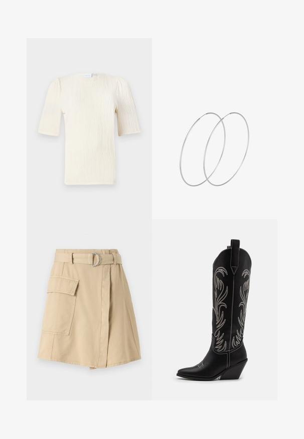 Īsām piedurknēm izgatavota krēmkrāsas blūze ar teksturētu viļņu rakstu. Apaļš dekoltē un smalki savilkti detaļas uz piedurknēm. Viegls audums.; Beigā kokvilnas svārki ar sānu kabatu, jostas daļa ar sudraba gredzenu un vieglu A formas siluetu. Gluda tekstūra un vienkāršs dizains.; Melnas ādas kovboju zābakus ar norādītām pirkstiem, sānām paceltu papēdi un sudraba izšūtām ziedu rakstiem gar zābaka kāju. Kontrasta dūrieni visā zābakā.; Sudraba gredzenveida auskari ar minimālistisku dizainu. Cirkulāra forma, gluda tekstūra un plāns profils. Vieglu svaru ar spīdīgu apdari.