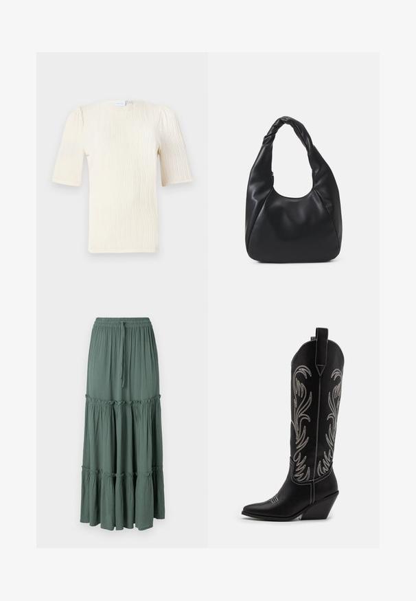 Blúzka s krátkym rukávom, krémovej farby, s textúrovaným vlnkovým vzorom. Okrúhly výstrih a jemné nazhŕňovanie na rukávoch. Ľahký materiál.; Dlhá, viacerovrstvová sukňa v tlmenom zelenej farbe. Vyrobená z ľahkej látky s elastickým pásom a šnúrkou, s volánovými detailmi na švoch.; Čierne kožené kovbojské čižmy s špicatými prstami, klinovými podpätkami a striebornými vyšívanými kvetinovými vzormi po celej dĺžke. Kontrastné šitie po celom povrchu.; Čierna kabelka typu hobo z hladkého materiálu podobného kože s prekrútenou rukoväťou, s jemným, zaobleným tvarom a vrchným zipsom.