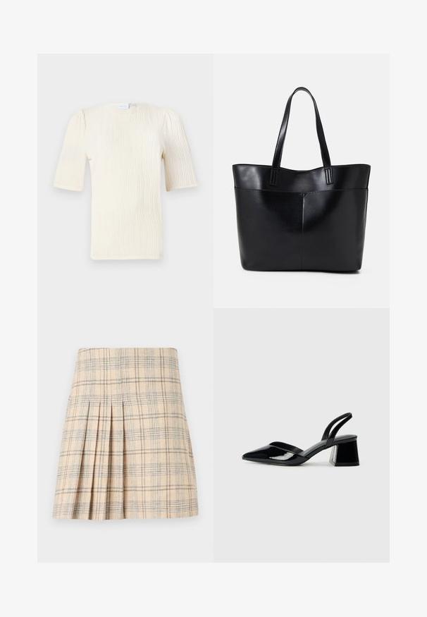 Bluză cu mânecă scurtă, de culoare crem, cu un model texturat în valuri. Decolteu rotund și detalii subtile de plisare la mâneci. Material ușor.; Fustă plisată în carouri bej cu linii albastre și maro, având un brâu croit și un material texturat pentru un aspect bine definit.; Pantofi cu toc slingback din piele lacuită neagră, cu vârf ascuțit și toc geometric. Prezintă un design elegant, minimalist și o textură netedă.; Geantă oversized din piele neagră, cu două mânere lungi, de textură netedă și formă structurată. Are un buzunar frontal pentru stocare suplimentară.