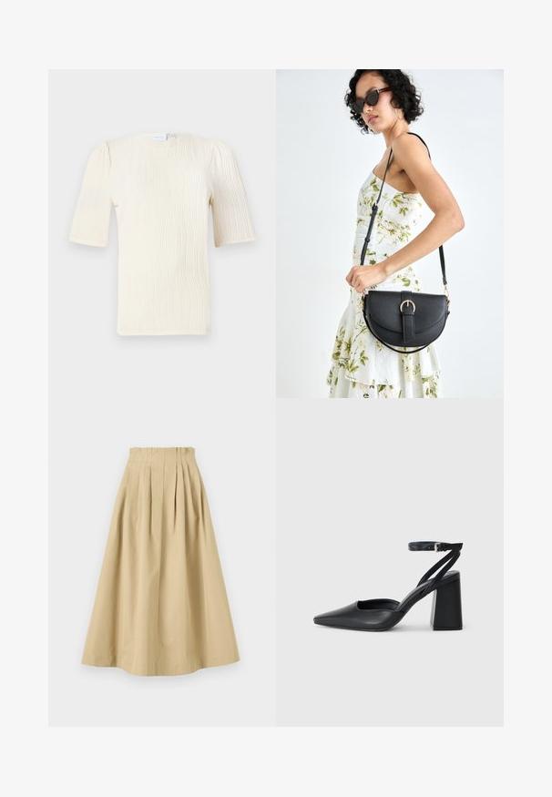 Short-sleeve, cream-colored blouse with a textured wave pattern. Round neckline and subtle gather details at sleeves. Lightweight fabric.; Beige, knee-length skirt with pleats, made of lightweight fabric. Features a fitted waistband and a smooth texture throughout.; Black leather pointy-toe pump with an ankle strap and a chunky heel. Flat texture, sleek design, and minimalistic aesthetics.; Black leather handbag with a curved shape, detachable strap, and gold hardware. The bag features a flap with a buckle detail.