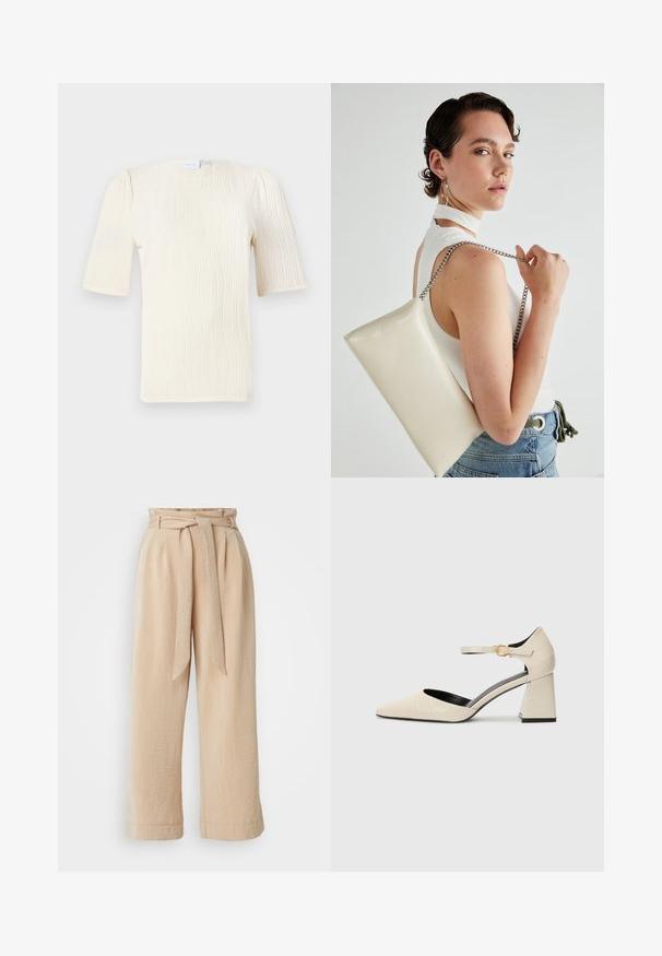Short-sleeve, cream-colored blouse with a textured wave pattern. Round neckline and subtle gather details at sleeves. Lightweight fabric.; Beige wide-leg trousers with a belted waist, made of textured fabric. Features a front pleat and a smooth finish along the hem.; Beige faux leather block-heeled shoes with a pointed toe, ankle strap, and subtle crocodile texture detailing. Black inner lining.; White rectangular clutch bag made of glossy material, featuring a silver chain strap. Model poses, showcasing the bag against a plain background.