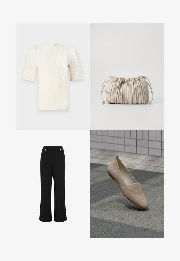 Lühikeste varrukatega koorevärvi pluus, millel on tekstuuriga laine muster. Ümar kaelus ja õlgade juures peened volangid. Kerge kangas.; Mustad laiad püksid sileda tekstuuriga, kõrge vöökohaga, kahe kuldse nupuga ja kohandatud disainiga. Nähtavad taskud puuduvad.; Beige korter king, valmistatud pehmest materjalist, omades teravat nina ja minimalistikku disaini. Sisaldab väikest kontsa ja silmust taga.; Pleated kreemikott, mis on valmistatud pehmest materjalist, sisaldab pitsitud kuldset ahelat ja kohandatavat kuju loov aasa sulgemist.