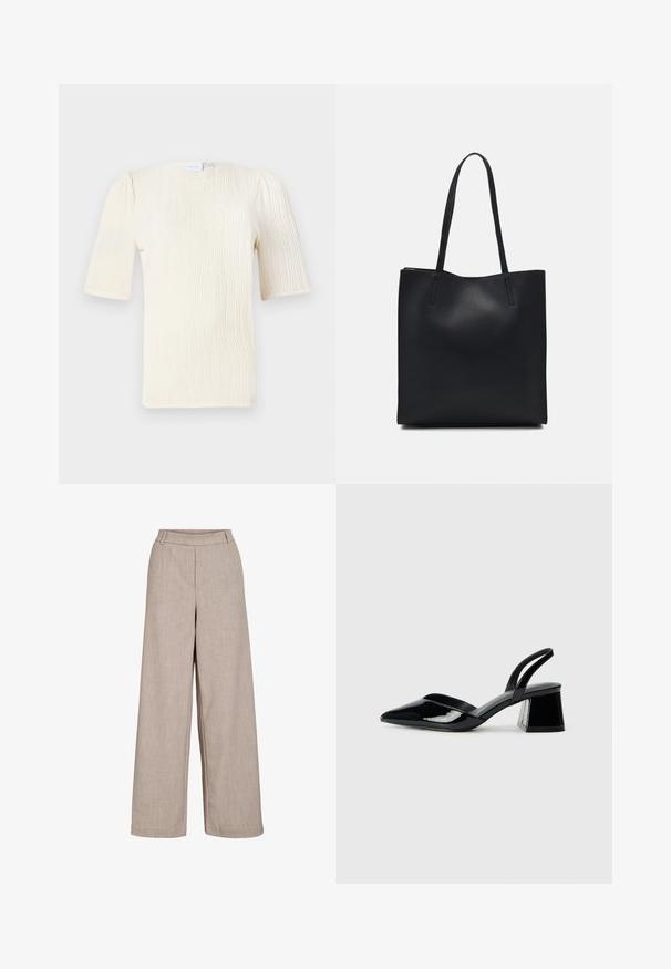 Bluzica s kratkimi rokavi v barvi smetane z teksturno valovito vzorcem. Okrogli izrez in subtilne gubice na rokavih. Lahkotna tkanina.; Bež široke hlače iz lahkega materiala. Imajo gladko teksturo, prilegajoč pas in stranske žepke za funkcionalen detajl.; Črne lakirane slingback pete s koničastim nosom in geometrijsko blokasto peto. Imajo eleganten, minimalističen dizajn in gladko teksturo.; Črna usnjena torba s svilnato teksturo, pravokotne oblike in dvema dolgima ročajema. Brez vidnih metalnih delov ali okrasnih elementov.